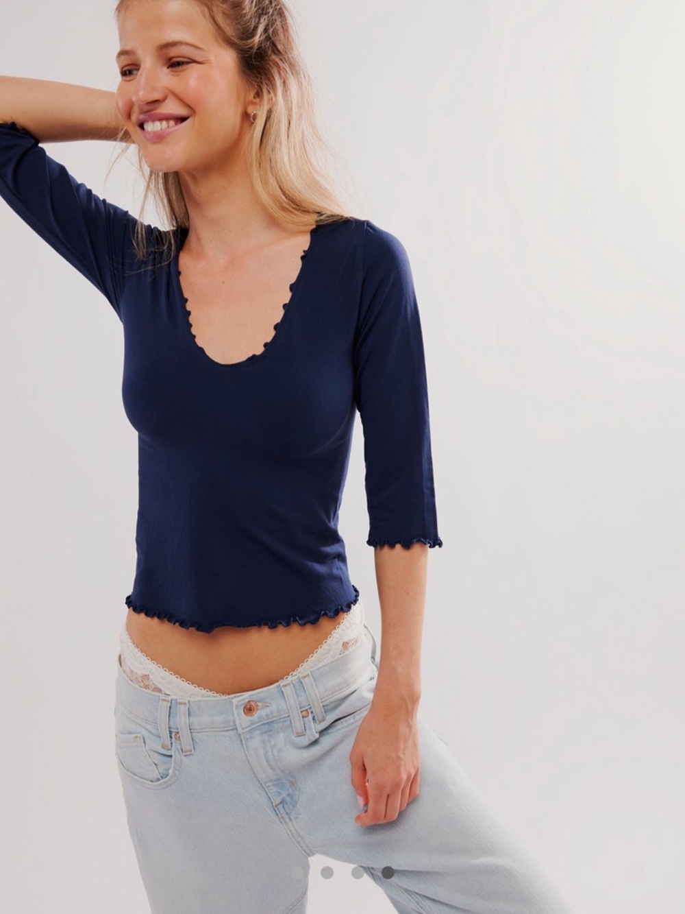 Free People NWT Navy Ruffle-Trim V-Neck Top